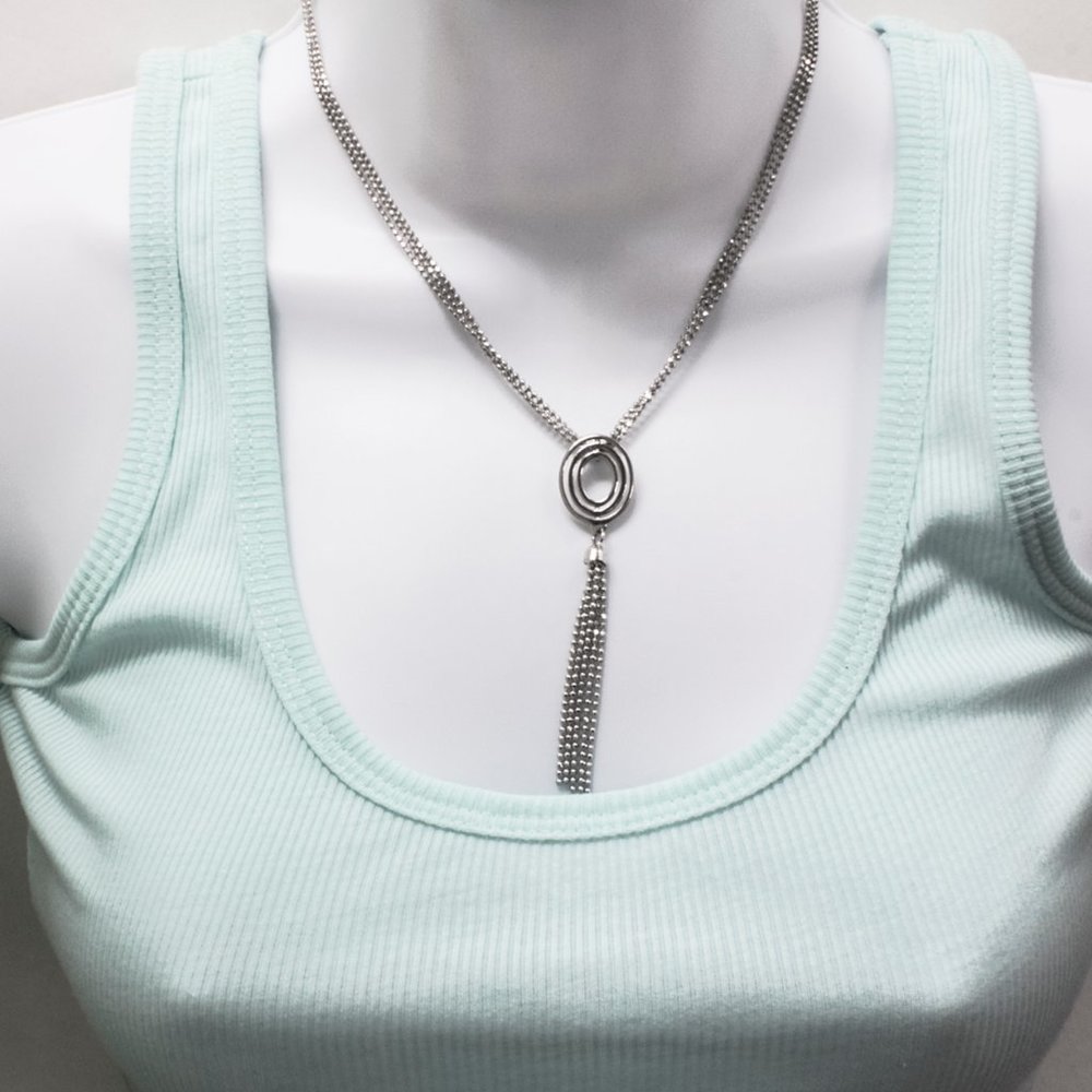 925 Silver Ball Chain Dangle Oval Pendant Necklace